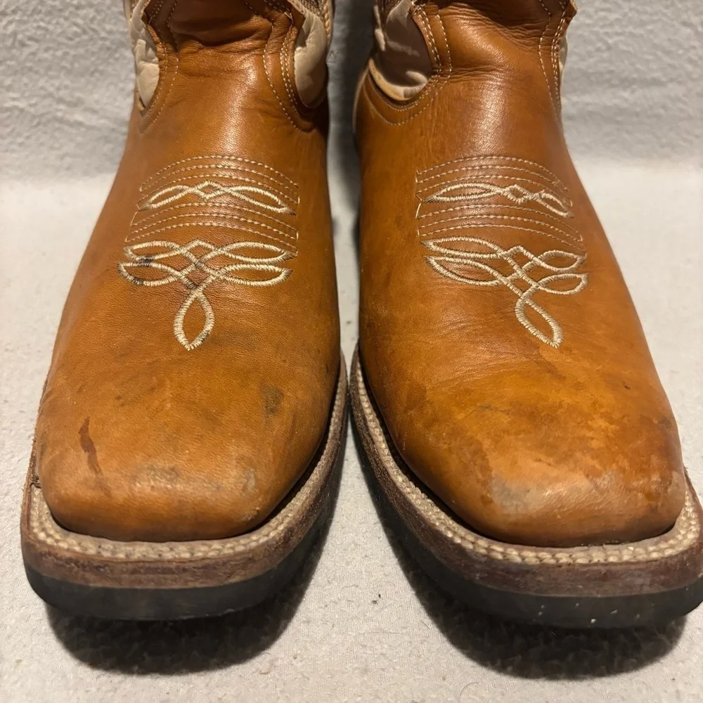 Silver Wild Western Cowboy Boots Brown Beige Pull On Mid Calf approx. size 10